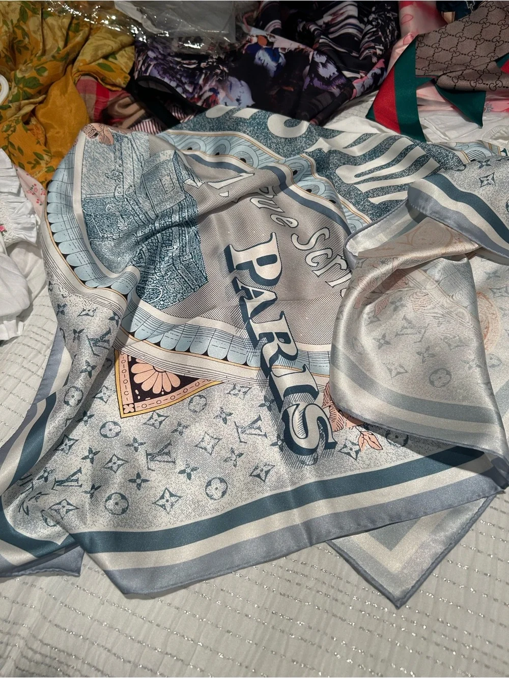 Louis Vuitton Blue Cream & Peach Paris Silk Shawl